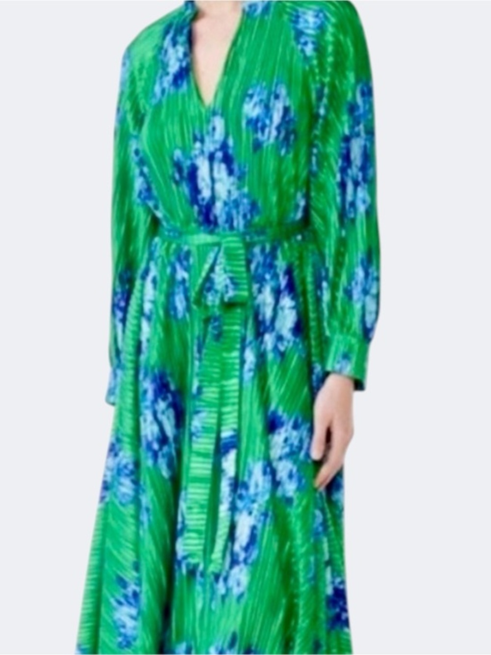 Scoop Green & Blue Floral Blouson Sleeve Belted Waist Pleated Midi Dress Size S